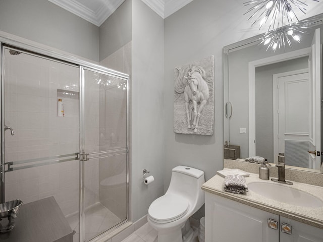 bathroom with walk in shower, vanity, crown molding, an inviting chandelier, and toilet