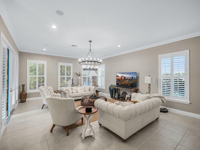 living room featuring crown molding, light tile patterned flooring, and a chandelier