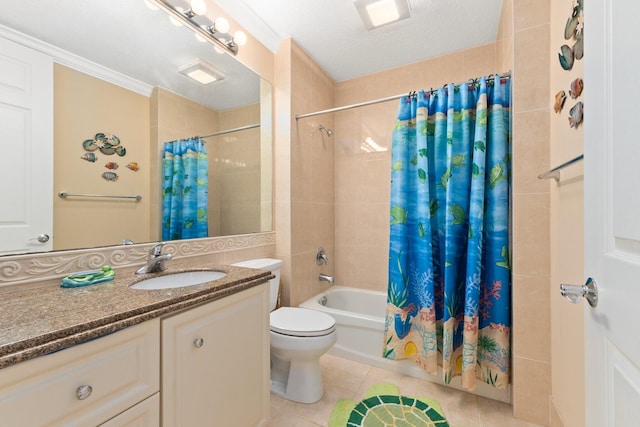 full bathroom featuring tile patterned floors, a textured ceiling, toilet, vanity, and shower / tub combo