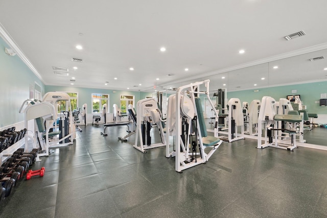 gym with crown molding