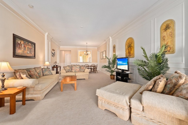 carpeted living room with crown molding and an inviting chandelier