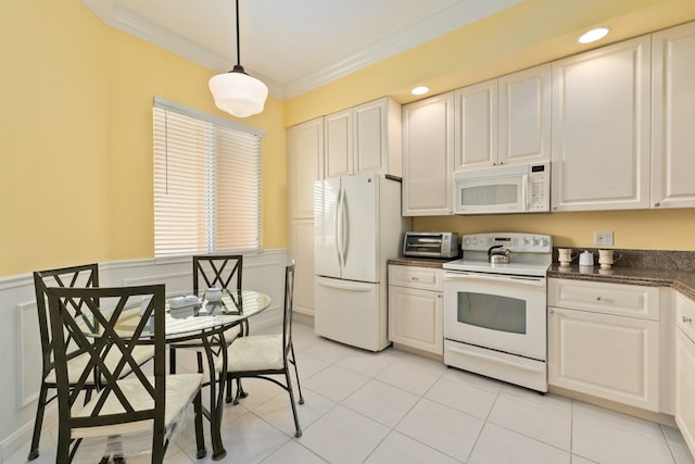 kitchen featuring ornamental molding, white appliances, pendant lighting, light tile patterned floors, and white cabinetry