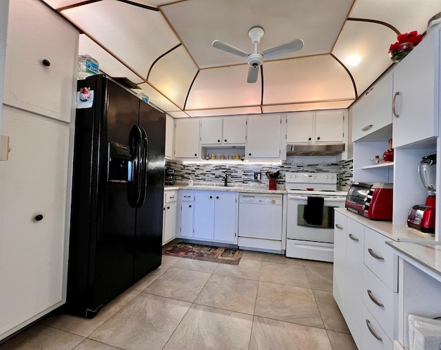 kitchen featuring white cabinets, white appliances, ceiling fan, and sink