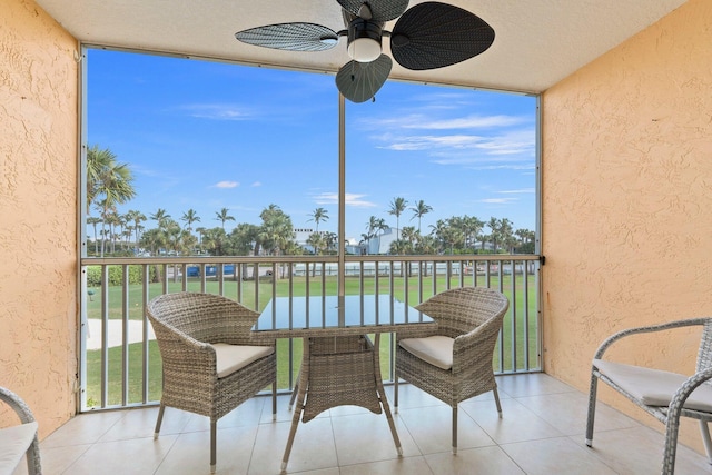 balcony featuring ceiling fan and a water view