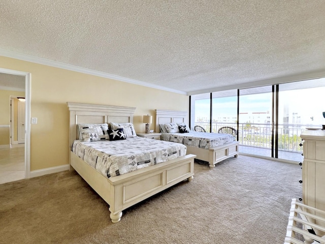 bedroom with floor to ceiling windows, access to exterior, carpet floors, and ornamental molding