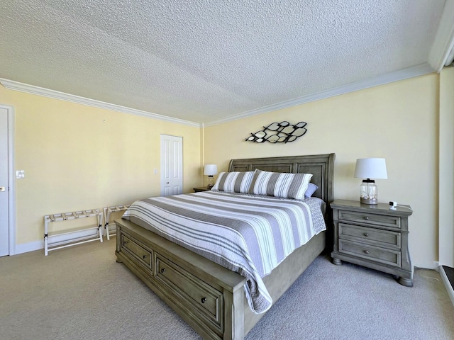 bedroom featuring crown molding, light colored carpet, and a textured ceiling