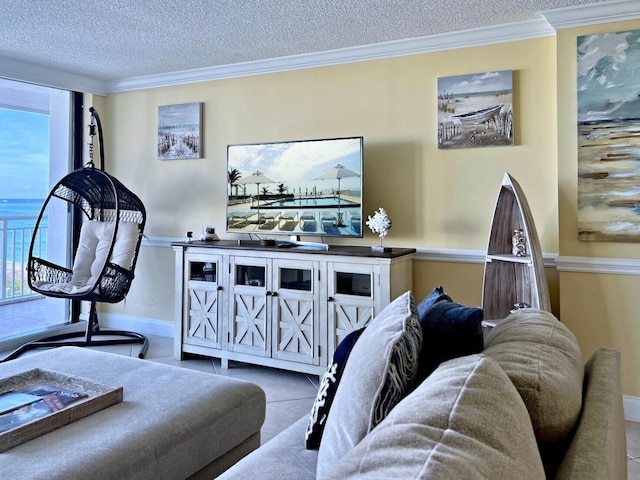 living room featuring crown molding and a textured ceiling