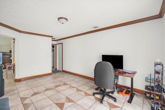 home office with crown molding, light tile patterned flooring, and a textured ceiling