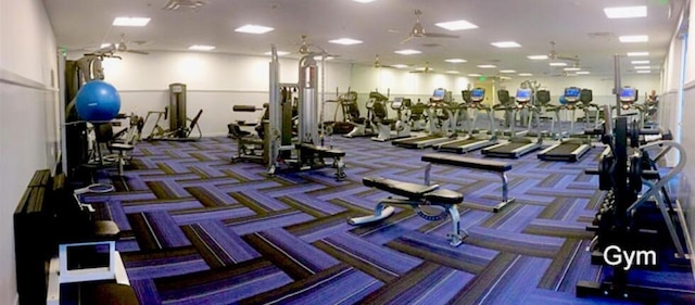 exercise room with carpet flooring