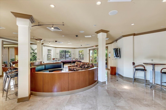 reception featuring ornate columns and billiards