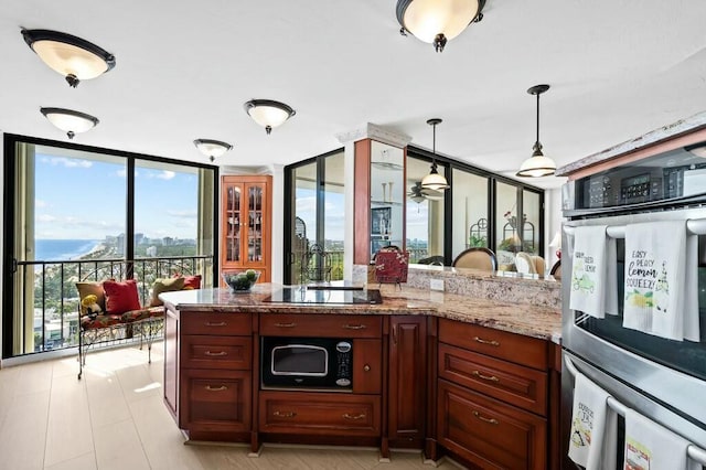 kitchen with pendant lighting, plenty of natural light, floor to ceiling windows, and black appliances