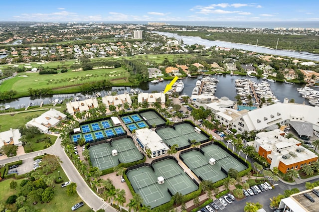 drone / aerial view featuring a water view