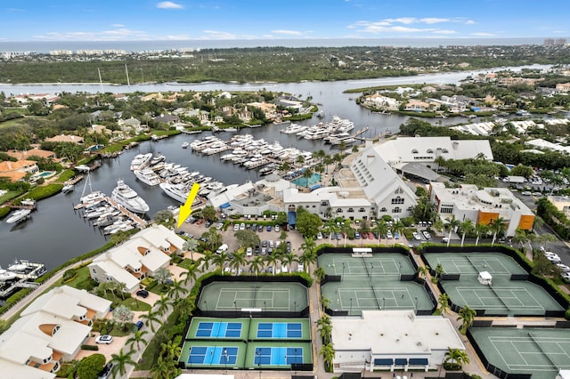 bird's eye view with a water view