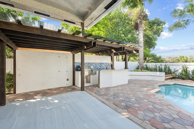 view of patio / terrace featuring a fenced in pool, area for grilling, and grilling area