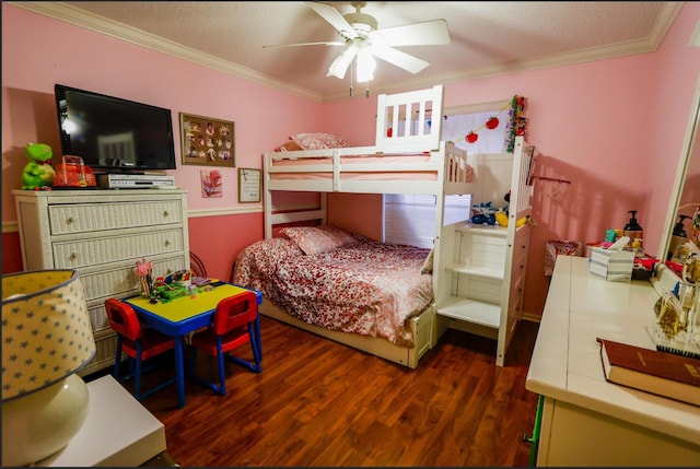 bedroom with dark hardwood / wood-style flooring, ceiling fan, crown molding, and a textured ceiling