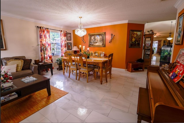 dining space featuring crown molding, ceiling fan with notable chandelier, and a textured ceiling