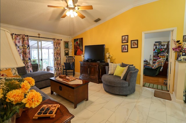 living room featuring crown molding, ceiling fan, and lofted ceiling