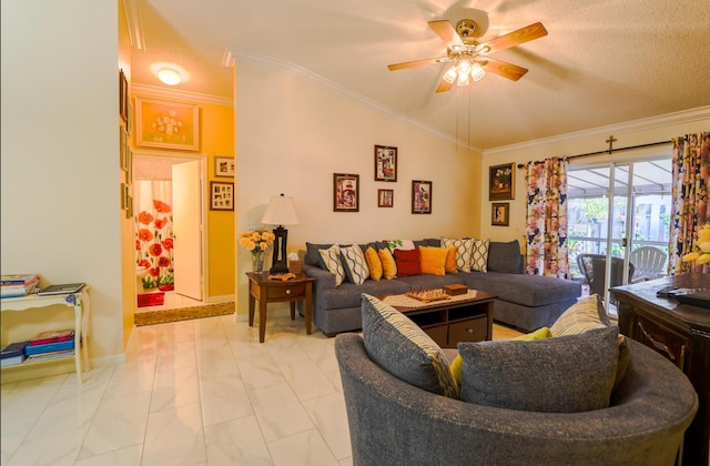 living room with a textured ceiling, ceiling fan, vaulted ceiling, and ornamental molding