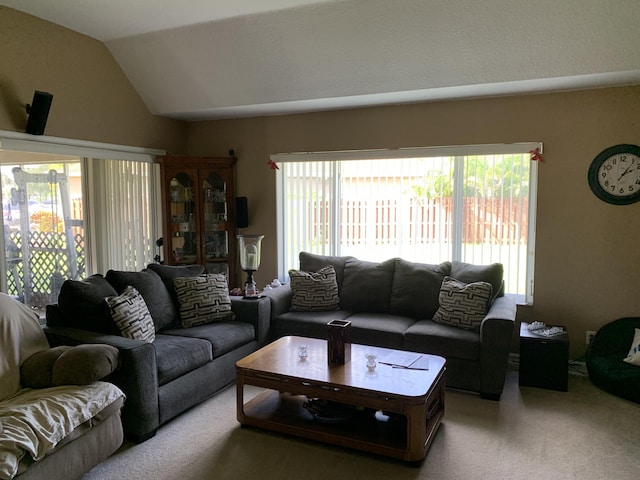 carpeted living room with lofted ceiling