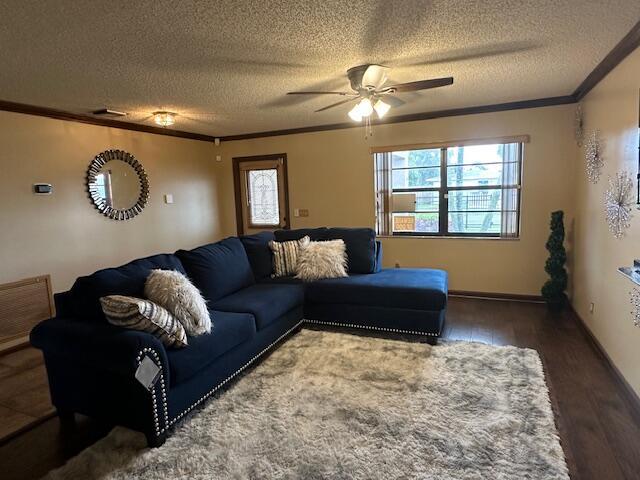 living room featuring crown molding, dark hardwood / wood-style flooring, ceiling fan, and a textured ceiling