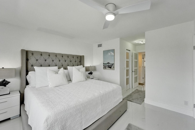 bedroom featuring ceiling fan and ensuite bath