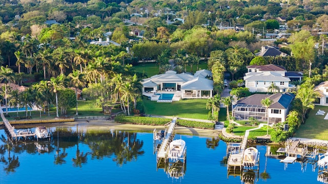 drone / aerial view featuring a water view