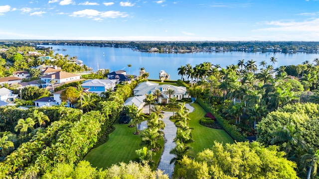 birds eye view of property featuring a water view