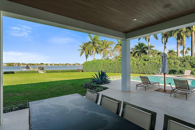 view of patio featuring a fenced in pool and a water view