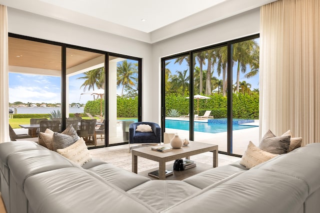 living room with a healthy amount of sunlight and a water view