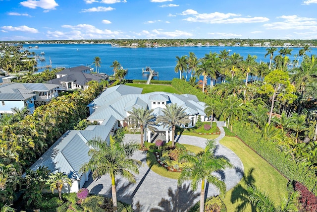 bird's eye view with a water view