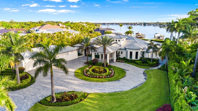 drone / aerial view featuring a water view