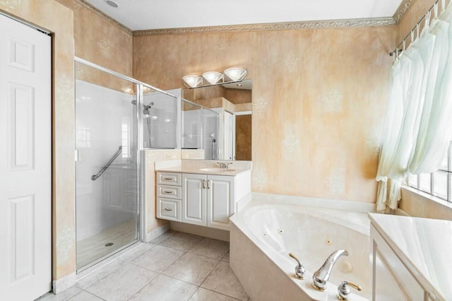 bathroom featuring vanity, tile patterned floors, and independent shower and bath