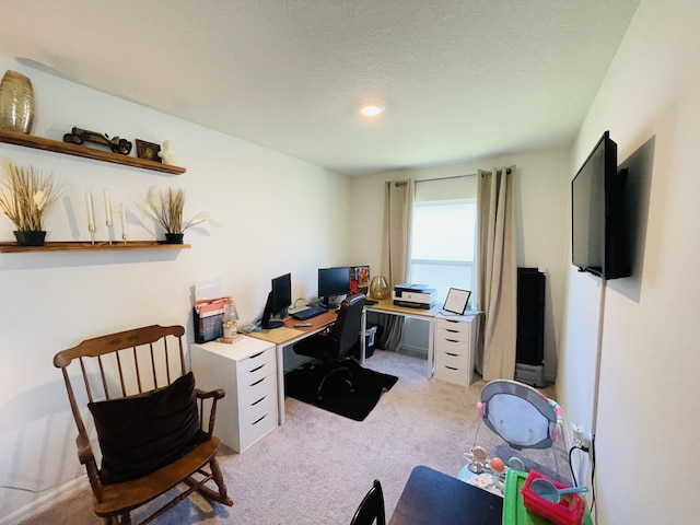 office space featuring light colored carpet and a textured ceiling