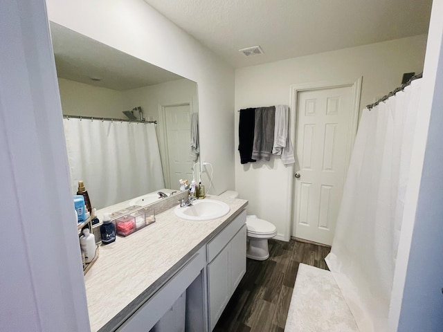 bathroom with vanity, toilet, and wood-type flooring