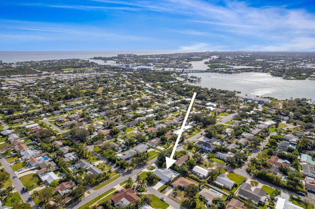 drone / aerial view featuring a water view