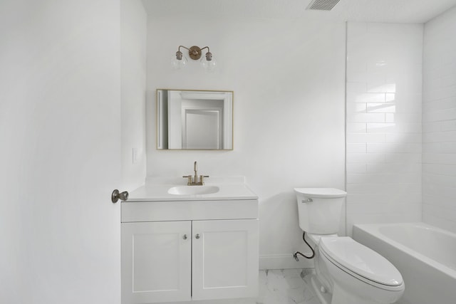 full bathroom with vanity, tub / shower combination, and toilet