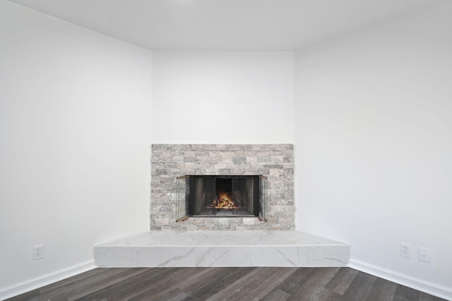 interior details with a fireplace and wood-type flooring