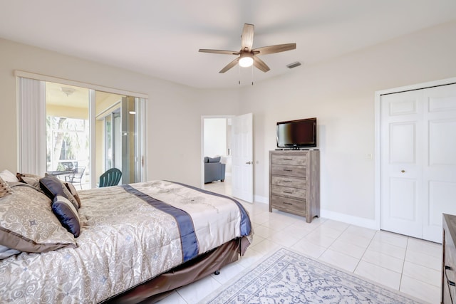 bedroom with light tile patterned floors, visible vents, ceiling fan, access to outside, and baseboards