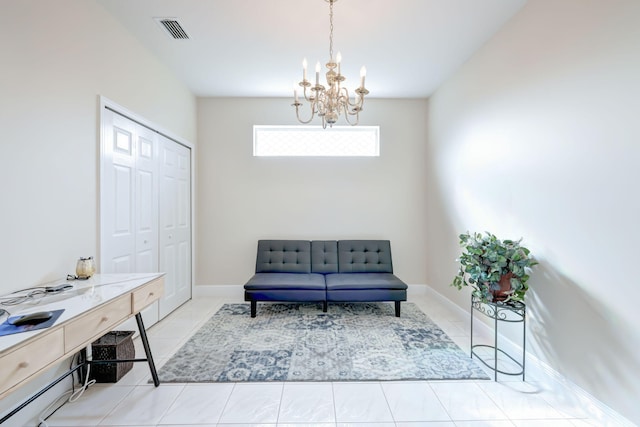 living area with an inviting chandelier, visible vents, baseboards, and light tile patterned flooring