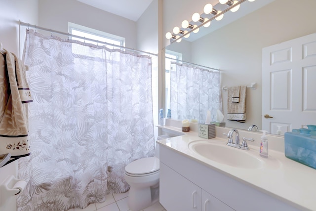 full bathroom featuring a shower with shower curtain, vanity, toilet, and tile patterned floors