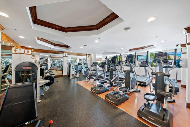 workout area featuring a raised ceiling, plenty of natural light, and ornamental molding