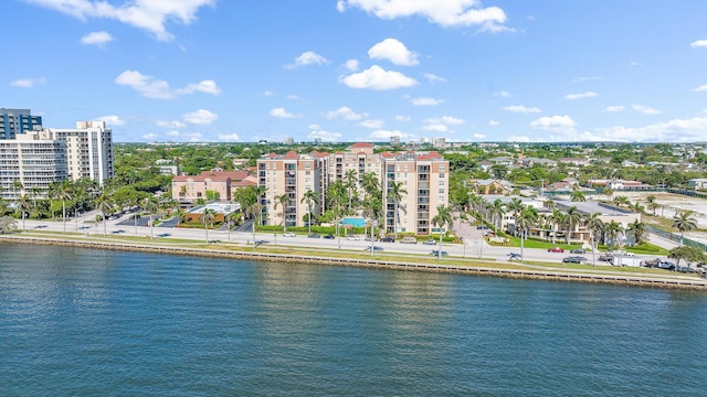 drone / aerial view featuring a water view