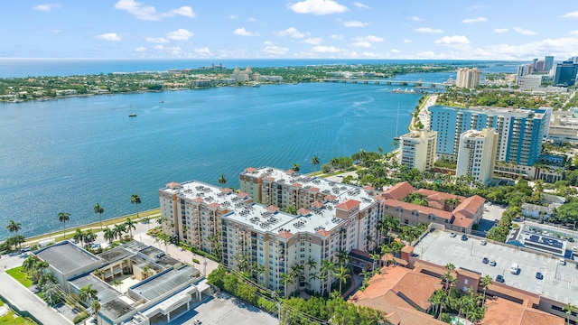 birds eye view of property featuring a water view