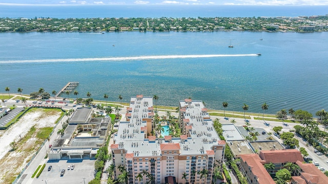 drone / aerial view with a water view