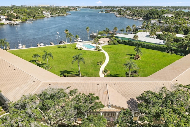 drone / aerial view featuring a water view