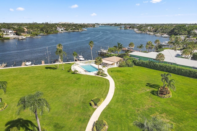 aerial view featuring a water view