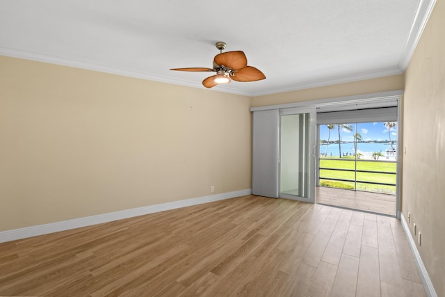 unfurnished bedroom featuring ceiling fan, ornamental molding, access to outside, and light hardwood / wood-style flooring