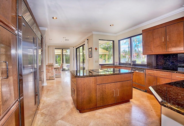 kitchen with dishwashing machine, crown molding, sink, and a wealth of natural light