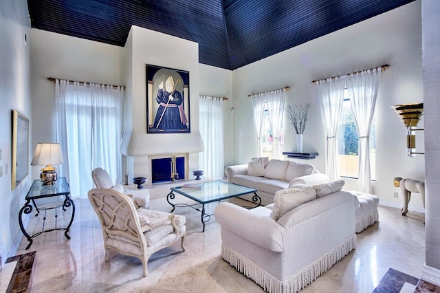 living room featuring a towering ceiling