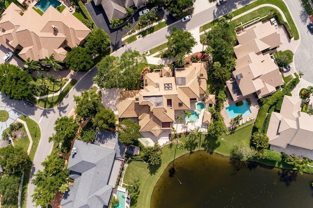 drone / aerial view featuring a water view